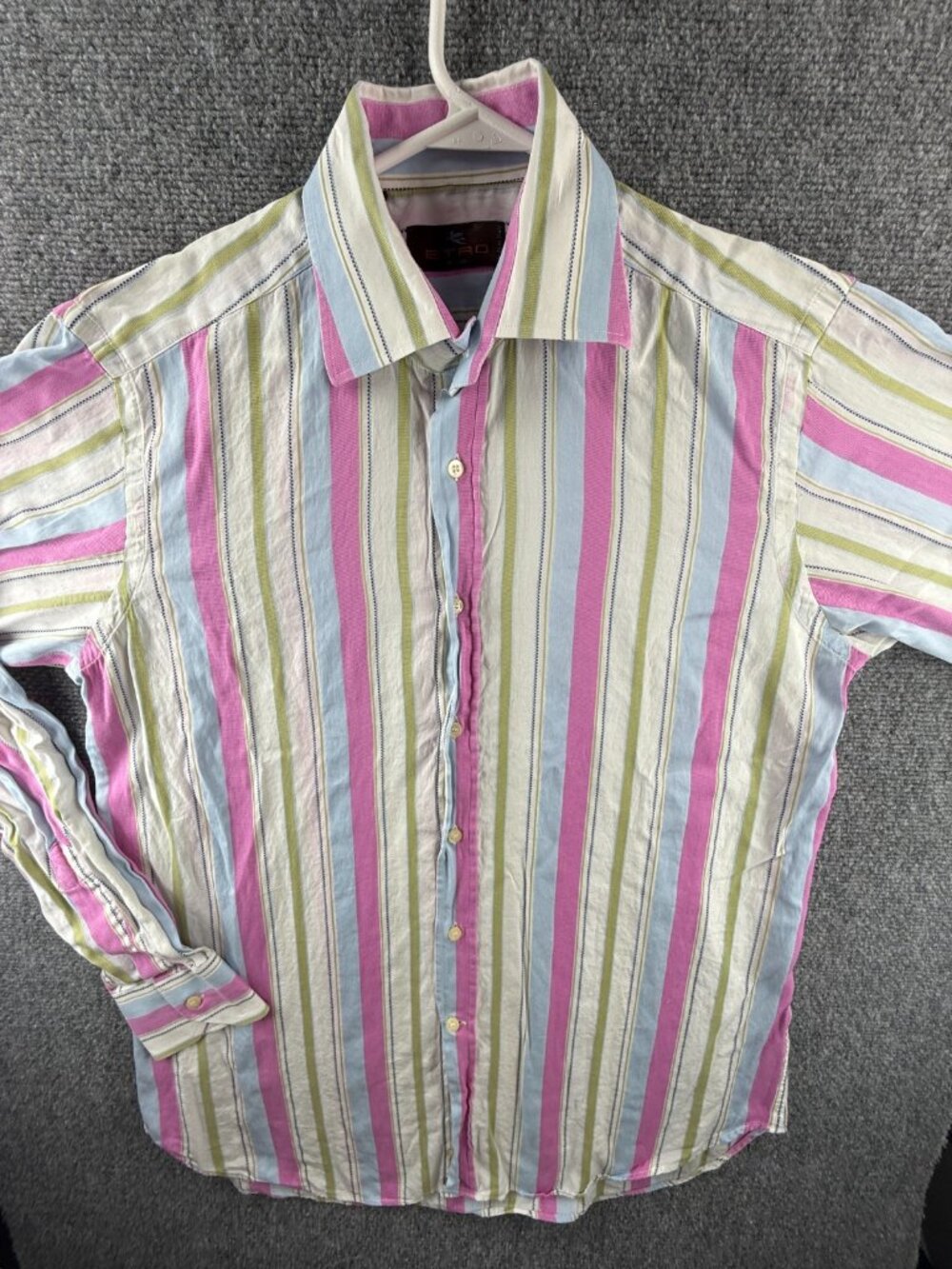 Etro Milano Italy Colorful Pink Green Bold Button Up Shirt Long Sleeve Size 40